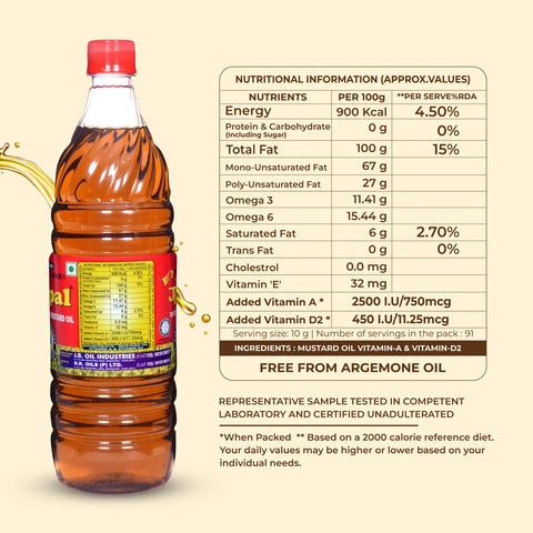 Gopal Kachi Ghani Mustard Oil – 1L | AGMARK Grade 1 | Pure Cold-Pressed | Cholesterol-Free | Rich Aroma for Cooking, Frying & Pickling