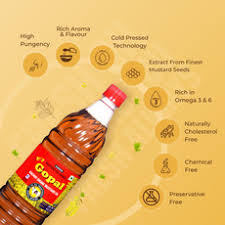 Gopal Kachi Ghani Mustard Oil – 1L | AGMARK Grade 1 | Pure Cold-Pressed | Cholesterol-Free | Rich Aroma for Cooking, Frying & Pickling