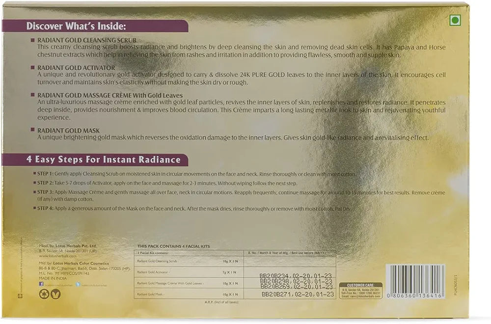 Lotus Herbals Radiant Gold Facial Kit – Cellular Glow, Single Use (37g)